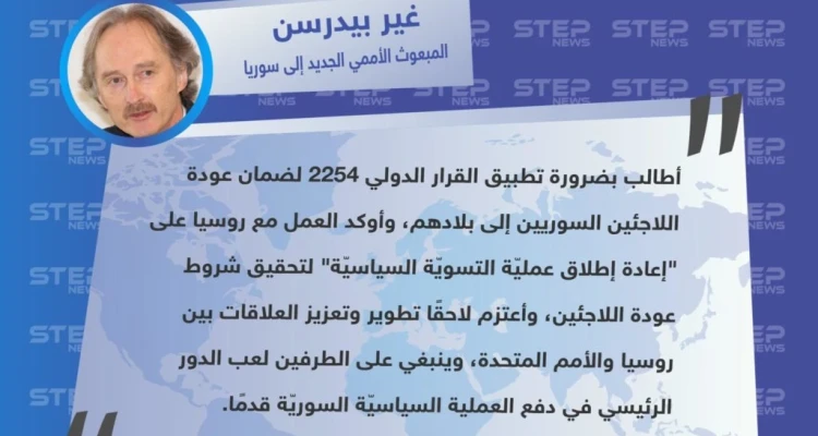 بيدرسن يُطالب من موسكو بتطبيق القرار 2254 لضمان عودة اللاجئين السوريين إلى بلادهم.
