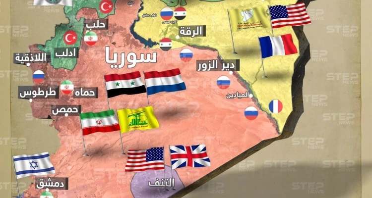 خريطة تظهر توزع السيطرة والنفوذ الدولي في سوريا