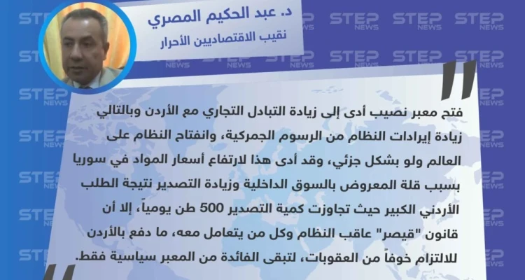 نقيب الإقتصاديين الأحرار يكشف عن علاقة العقوبات الأمريكية بعدم استفادة النظام اقتصادياً من معبر نصيب