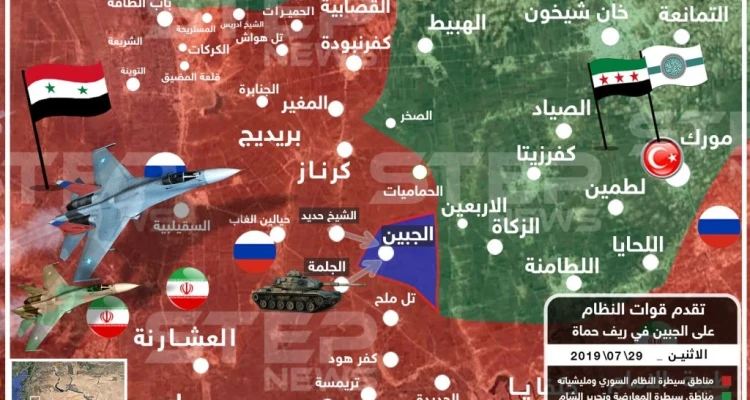 خريطة السيطرة في ريف حماة بعد تقدم قوات النظام السوري الى قرية الجبين 29/07/2019