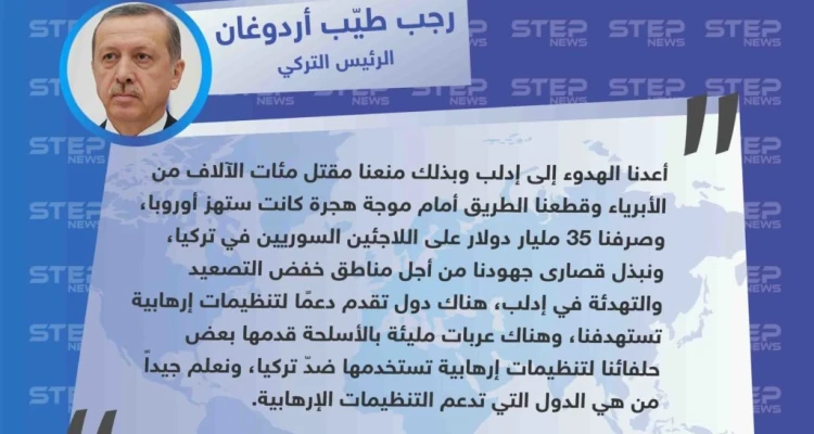 أردوغان "أعدنا الهدوء لـ إدلب، وتركيا منعت موجة لجوء السوريين التي بشأنها أن "تهزّ" أوروبا".