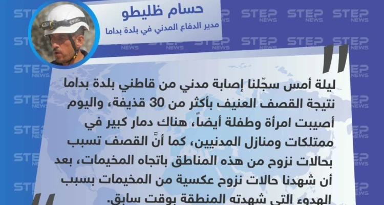 مدير الدفاع المدني :دمار واسع في بلدة "بداما" بالإضافة إلى وقوع إصابات بين المدنيين، تلتها حركة نزوح باتجاه المخيمات