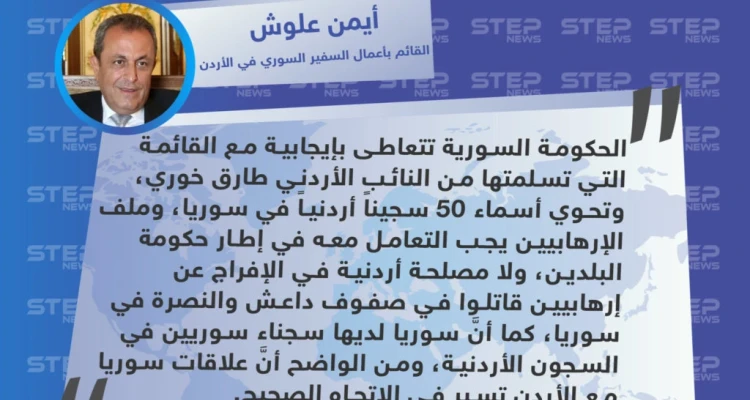 أيمن علوش: الحكومة السورية تتعامل بإيجابية مع قائمة لـ 50 سجينًا أردنيًا في سوريا، وسوريا أيضاً لديها سجناء في الأردن: أخبار