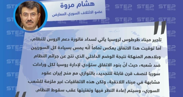 عضو الائتلاف السوري المعارض: توقيت اتفاق ميناء طرطوس يمس بسيادة السوريين، وسيتم تفتيت هذا الاتفاق وما يشابهه عقب سقوط النظام.