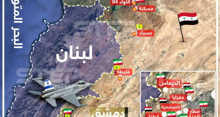 خريطة تظهر مواقع الأهداف التي استهدفها الطيران الإسرائيلي في ريف دمشق وحمص 01-07-2019