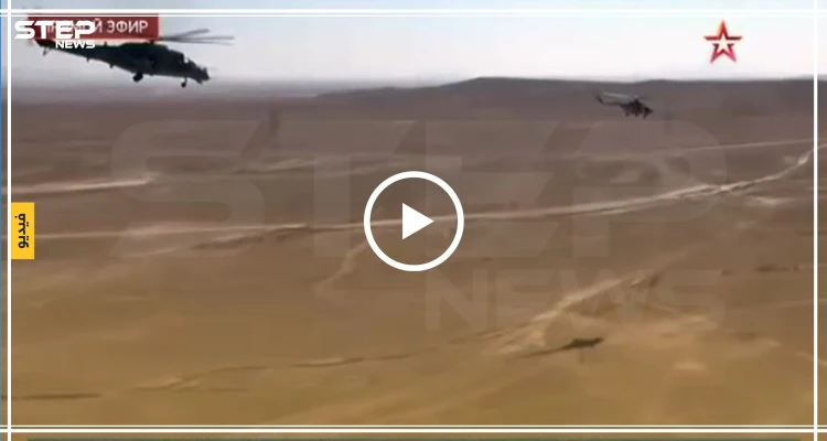 شاهد بالفيديو|| مدرعات عسكرية ووفد روسي ضخم يصل إلى تدمر على متن طائرات هليكوبتر!!