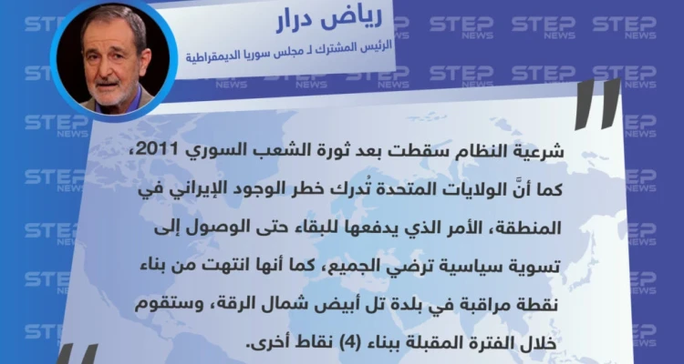 متداول: تصريح "رياض درار" الرئيس المشترك لـ "مجلس سوريا الديمقراطية" الواجهة السياسية لـ ميليشيا "قسد" حول شرعية النظام السوري وسياسة واشنطن شمال البلاد.