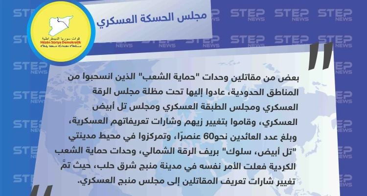 مجلس الحسكة العسكري يكشف لستيب عودة عناصر ypg المنسحبين من المناطق الحدودية، بعد تغيير زيّهم وشارات التعريفات العسكرية