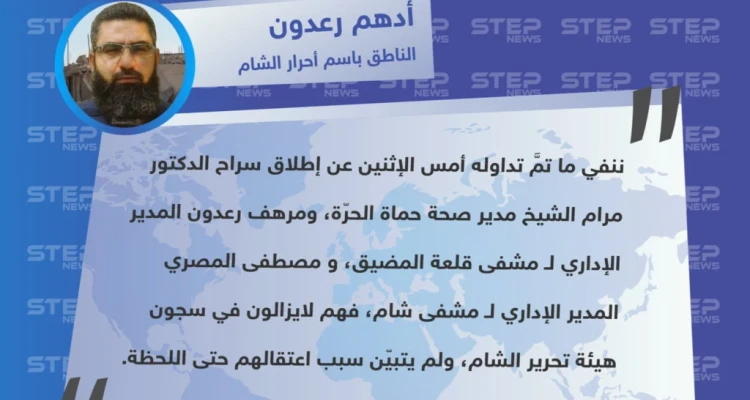 تصريح خاص من "أدهم رعدون" الناطق باسم فصيل أحرار الشام في منطقة المضيق لـ وكالة ستيب الإخبارية، حول حقيقة إطلاق سراح الطبيب "مرام الشيخ".