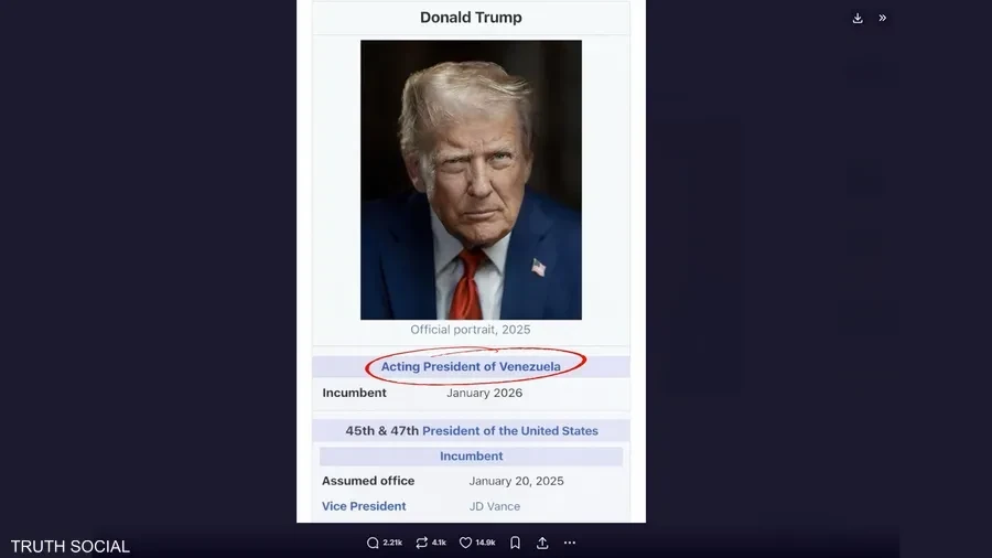 من “تروث سوشيال”.. ترامب يعلن نفسه رئيس فنزويلا من “تروث سوشيال”.. ترامب يعلن نفسه رئيس فنزويلا