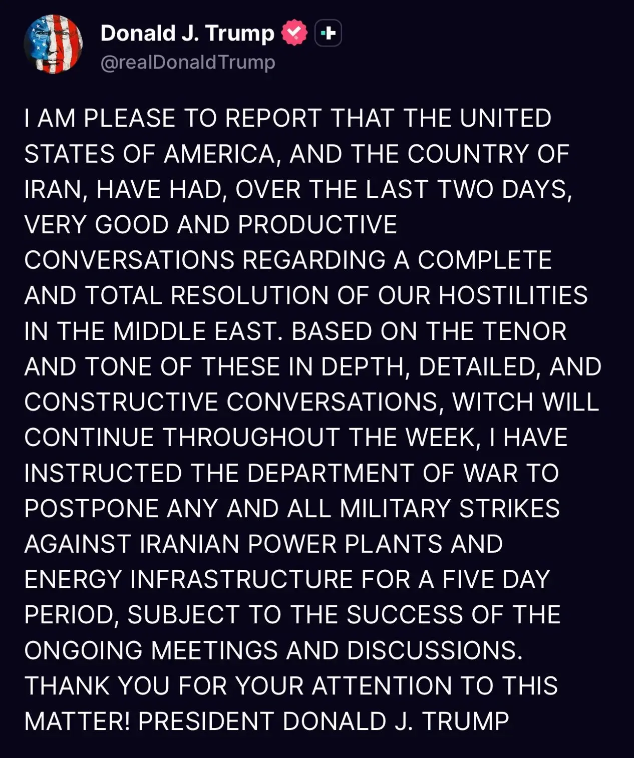 في تطور مهم.. ترامب يعلن تأجيل جميع الضربات ضد محطات الطاقة والبنية التحتية لمدة 5 أيام