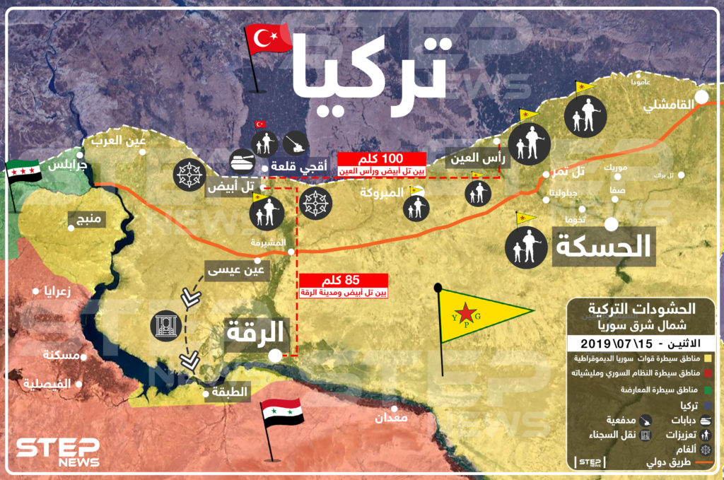 خريطة تبين الحشود التركية على الحدود السورية قبالة مناطق سيطرة "قسد"